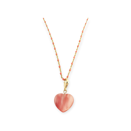 necklace steel gold chain with pink bead and pink heart